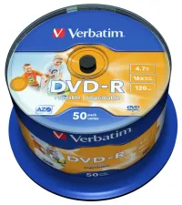VERBATIM DVD-R 47 GB 16x Inkjet printable Non ID 50 pack spindle VERBATIM DVD-R 47 GB 16x Inkjet printable Non ID 50 pack spindle (1 of 2)