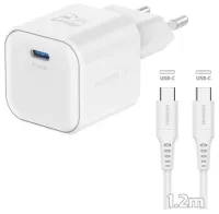 Swissten GAN 1x Adattatore di alimentazione USB-C 20W Power Delivery Bianco + Cavo dati USB-C 12m Bianco (1 of 2)