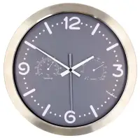 Orologio da parete NEDIS, diametro 300 mm, movimento silenzioso, termometro e igrometro, acciaio inox, grigio. Orologio da parete NEDIS, diametro 300 mm, movimento silenzioso, termometro e igrometro, acciaio inox, grigio. (1 of 2)